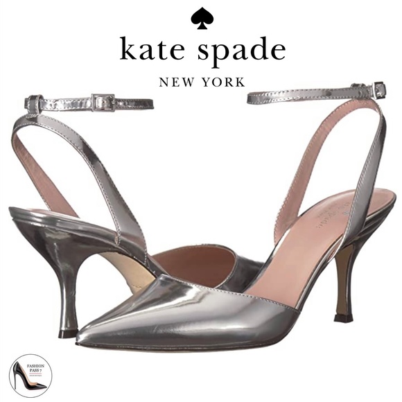 KATE SPADE Simone Pointed-toe Ankle-strap Leather Pumps Silver Dress Shoes 7.5 - Picture 3 of 9